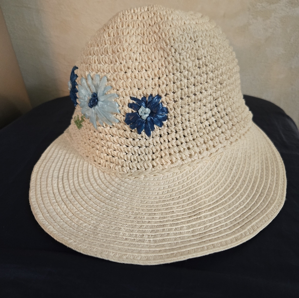 Embroidered Cream Sun Hat with Blue Floral Accents